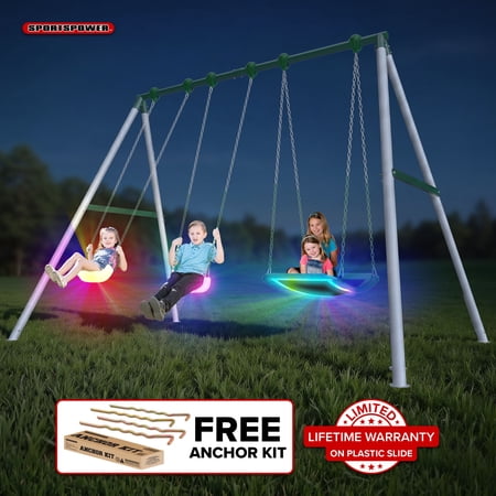 Sportspower Mt. Fuji LED 9.5ft Metal Swing Set for Kids and Adults, Heavy Duty Backyard Playset with Light-Up Swings & 2-Person Skyflyer, Green/White