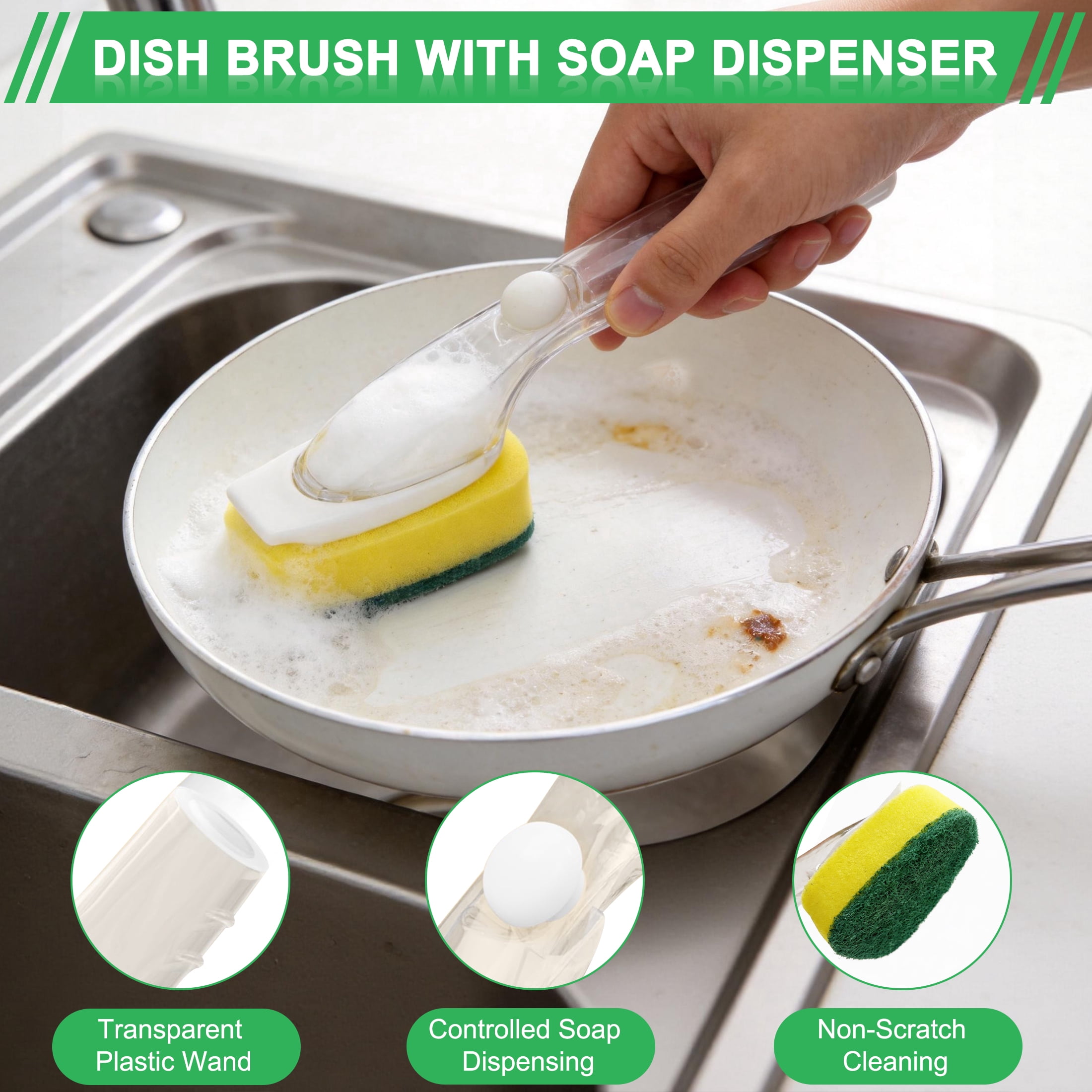 Dish Brush with Soap Dispenser, Kitchen Cleaning Sponge Brush with 7 Refills, Non-Scratch Dish Wand for Dishes, Pots, Pans