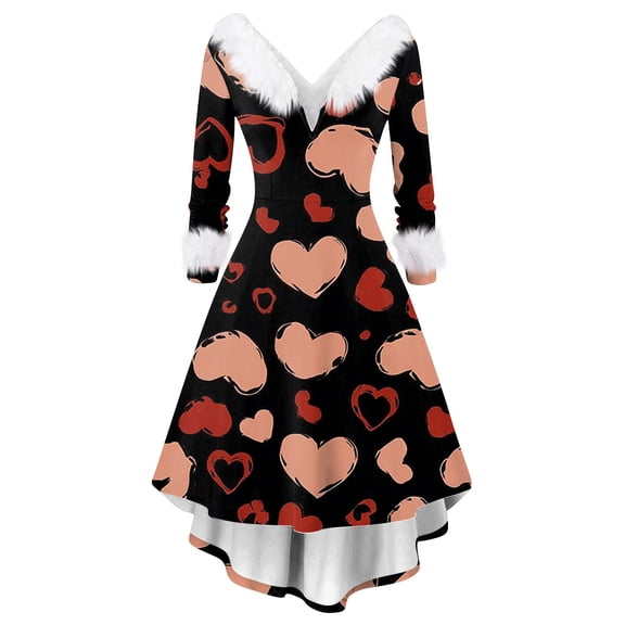2026 Valentines Day Dresses for Women V Neck Long Sleeve High Low Dresses Plush Collar Vintage Party Dress Dark Gray S