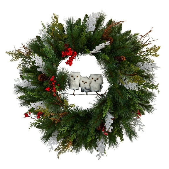 Nearly Natural Plastic Unlit Pine Winter Owl Family Christmas Artificial Wreath, with Cone Berry 5" (Green)