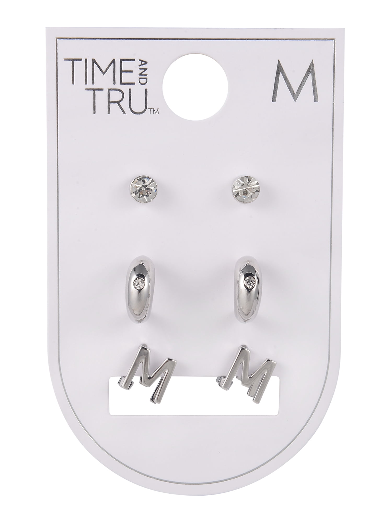 Time and Tru Silvertone 3-On Crystal Stud, Hoop, Initial "M" Earring Set