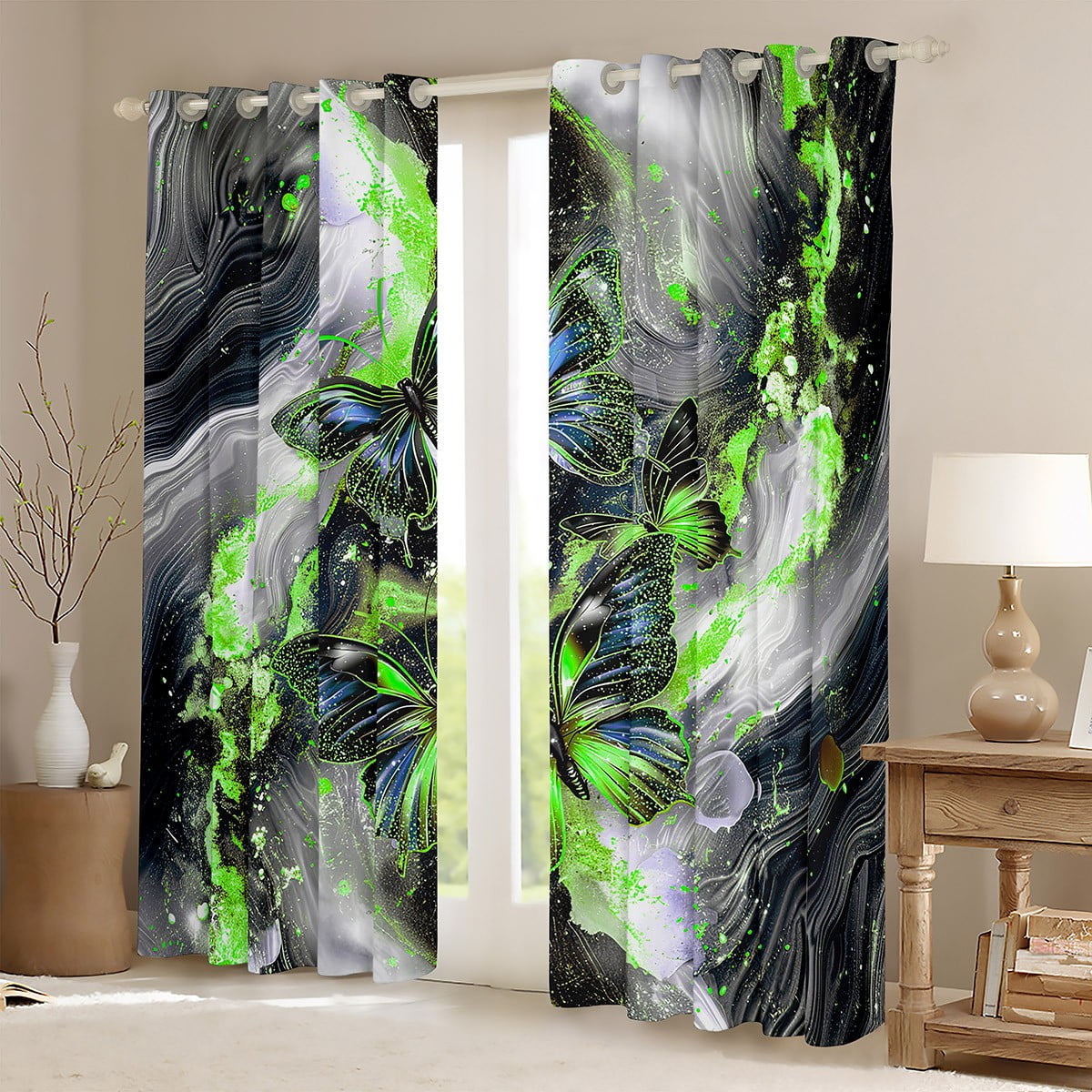 Black Marble 30%-50% Blackout Curtains Blue Butterfly Curtains,Green Marbling Curtains & Drapes 2 Panels 38"Wx45"L