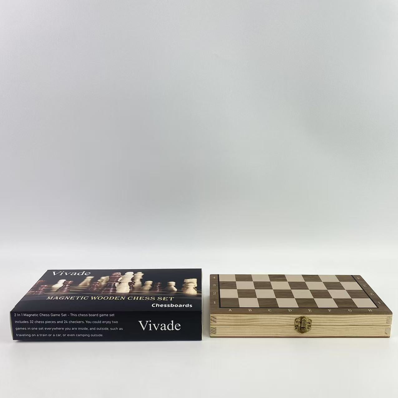 Vivade Chessboards,2 in 1 Magnetic Wooden Chess and Checkers Board Game Set, 15" Folding Chess Boards with 2 Extra Queens, Portable Travel Chess Sets with Pieces Storage Slots