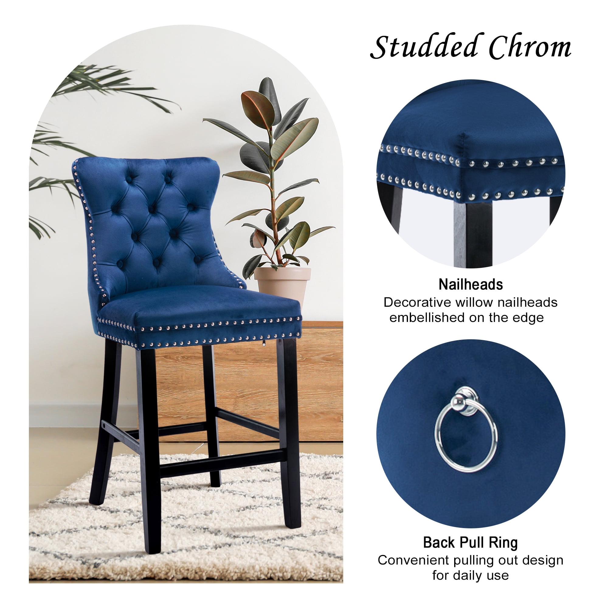 DONICK Velvet Counter Height Bar Stools Set of 6,Button Tufted Back Bar Chair Nailhead Back Pull Tab Wooden Leg(Blue)