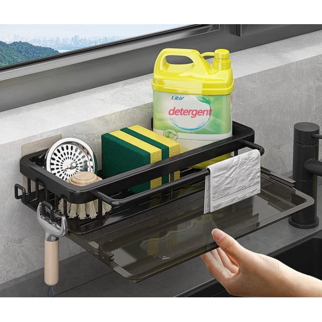 Organizador de fregadero Tielag, soporte para esponja, soporte para cepillo de fregadero, organizador de fregadero de cocina, organizador de acero inoxidable para cocina y baño con bandeja