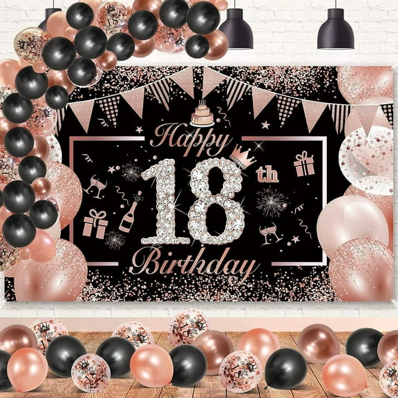 18th Birthday Party Decorations for Girls, Happy 18th Birthday Banner Black Rose Gold Balloons, Large Poster for Anniversary Background Party Supplies