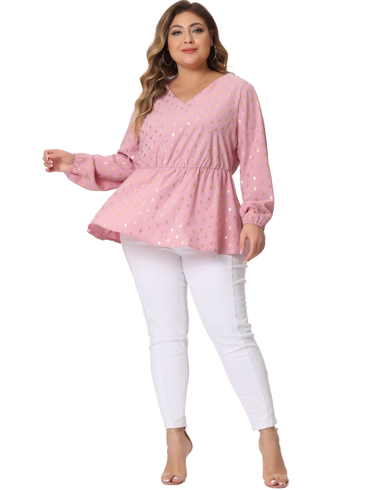 Women's Plus Long Sleeve V Neck Peplum Top Ruffled Elastic Waist Blouse 3X Pink