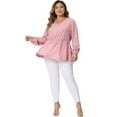 thumbnail image 3 of Unique Bargains Women's Plus Size V Neck Geometric Print Ruffled Elastic Waist Tunic Tops 4X Pink, 3 of 6
