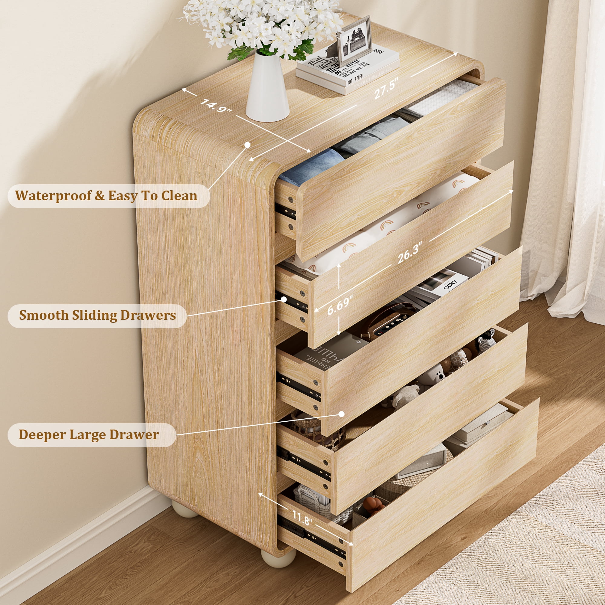 Laintene Tall Dresser 5 Drawer, Modern Wood Dresser for Bedroom, 41" Fluted Chest of Drawers with Curved Profile Design, Natural