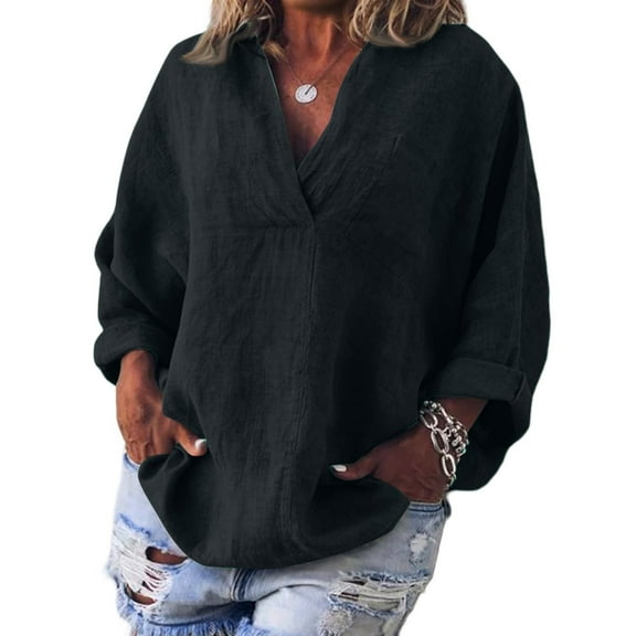 Womens V Neck Shirts Linen Cotton Long Sleeve Blouse Tunic Tops Cover Up Shirt Loose Beach Bikini Dress Black 3XL