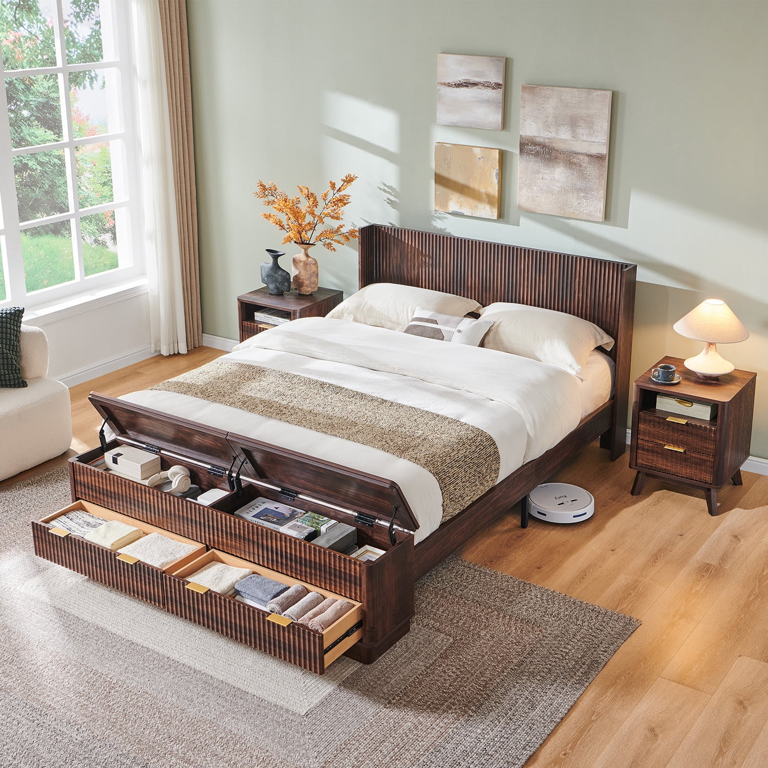 KeyWhat Modern Fluted Queen Size Bed Frame with Headboard & Storage Footboard, Built-in Drawers & Lift-Up Gas Struts, Solid Wood Slats, No Box Spring Needed, Dark Walnut