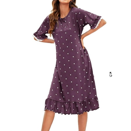

Womens Nightgowns Sleepdress Polka Dot Ruffle Hem Sleepshirts Purple L
