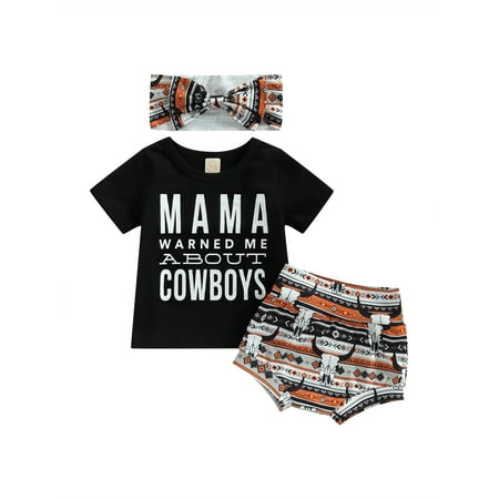 

Qtinghua Newborn Baby Girl Western Clothes Letter Short Sleeve T Shirt Cow Print Shorts Headband 3Pcs Summer Clothes Black 12-18 Months