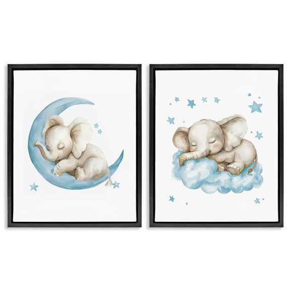 Stupell Industries Blue Sleepy Elephant Animals Painting Black Floater Framed Canvas Art Print Wall Art, 17 x 21, Set of 2