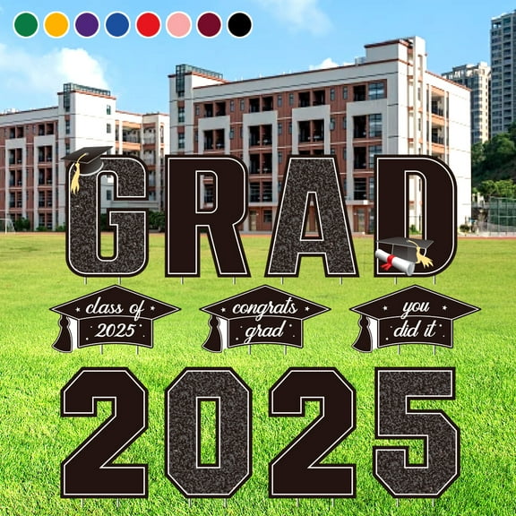 Graduation Yard Sign, 11 PCS Black Large Congrats Grad Lawn Stakes, Class of 2025 Yard Signs with Stakes, Graduation Party Decorations Outdoor, Graduation Yard Decor for College High School