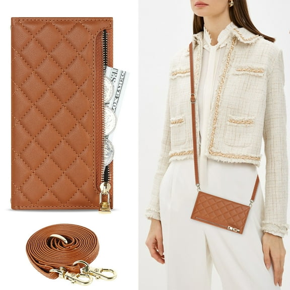 ELEHOLD for iPhone 12 Pro Max Wallet Case,Card Slot Zipper Purse Adjustable Crossbody Strap Stand Function PU Leather Shockproof Wallet Case, brown