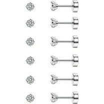 Knubmt 6 Pairs 316L Stainless Steel Stud Earrings Cubic Zirconia Earrings Flat Back Stud Earrings Set for Women Men, 3mm, Silver