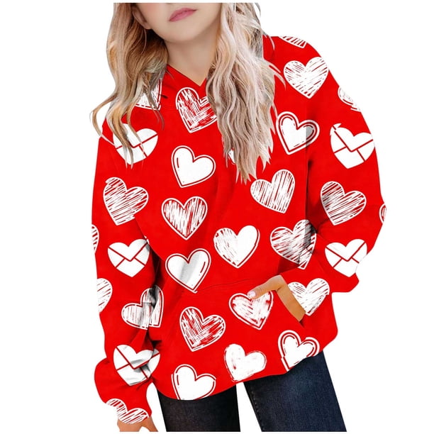 Sudadera con capucha para niña, para el Día de San Valentín, con estampado de color, de manga larga, informal, deportiva, con capucha, de manga larga, con inserciones en los hombros, blusa de poliéste