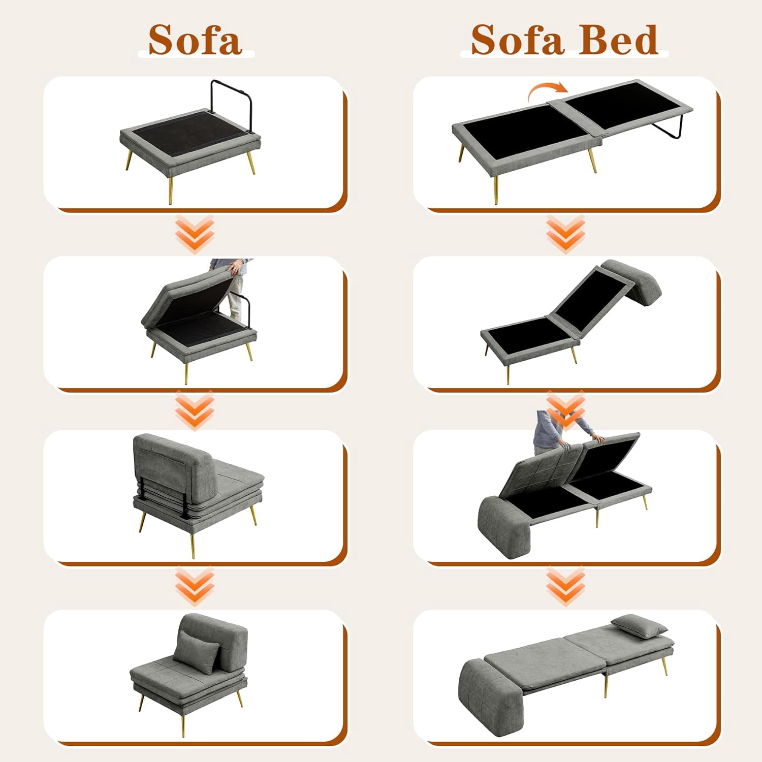 Akaber 3-in-1 Futon Sofa Bed, Chenille Sleeper Chair with Back Support & Pillow, Wood Frame, Metal Legs