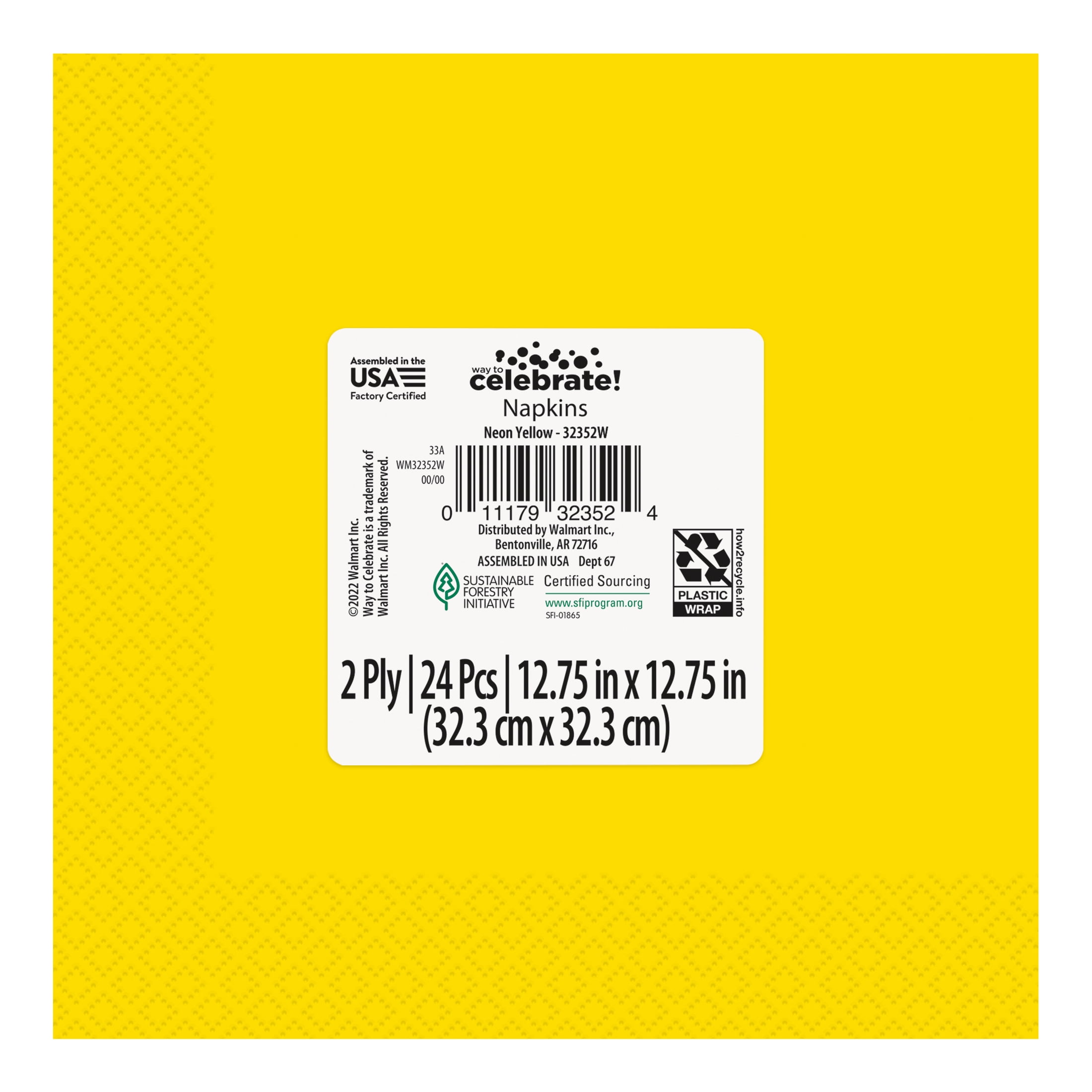 24 Count 6.5IN x 6.5IN Yellow Disposable Paper Napkins by Way To Celebrate