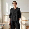 thumbnail image 5 of CIENVNSTG Linen Sets For Women 2 Piece Casual Vneck Embroidered 3/4 Sleeve Tops Wide Leg Linen Pants Set Mature Women Clothing Black L, 5 of 8