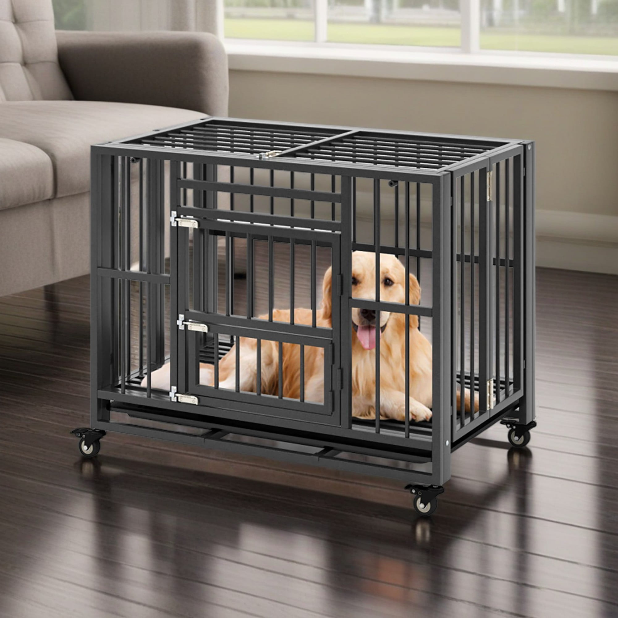 Kadyn 37" Heavy Duty Dog Cages with Tray, Metal Escape Proof Kennel with Lockable Wheels, Dog Crates for Medium Dogs, Indoor Rabbit Hutch, Black