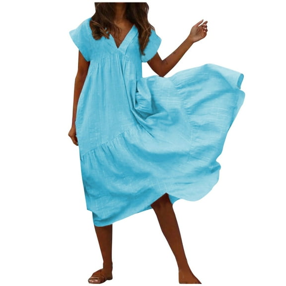 Sngxgn Women's A Line Midi Dress Straps V Neck Slit Party Slip Dress(Sky Blue,L)