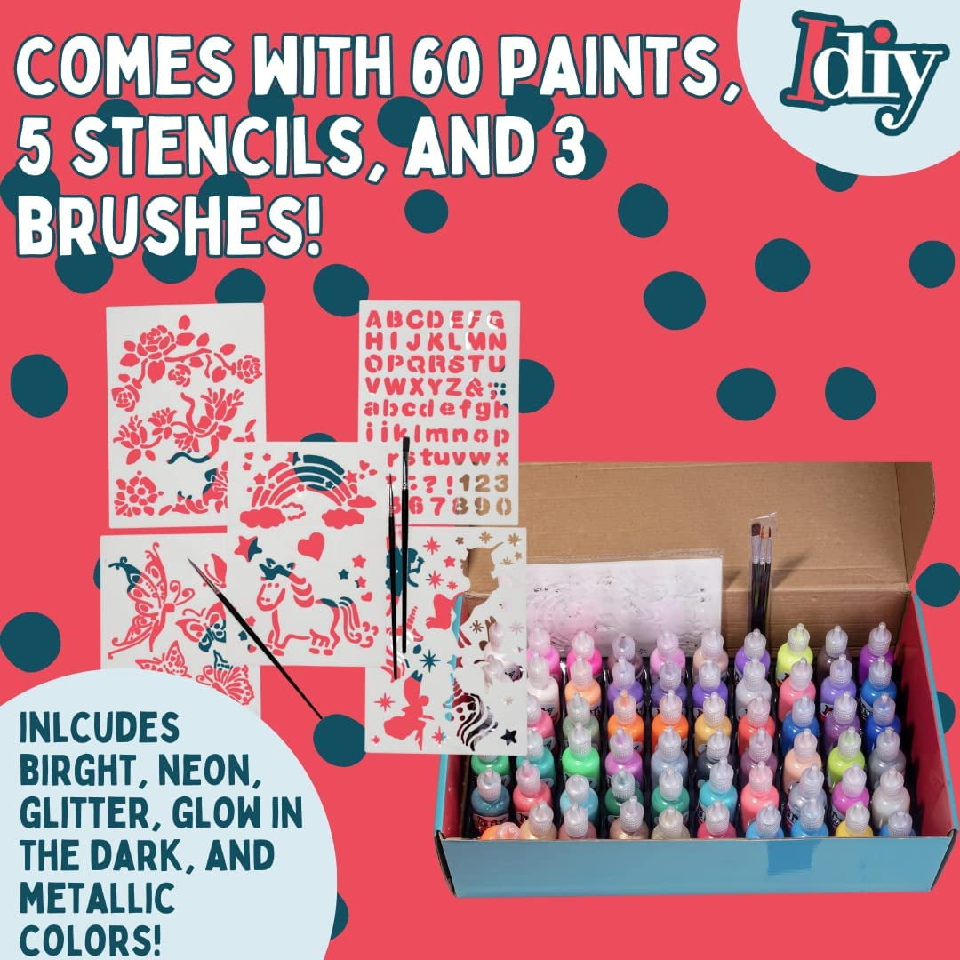 IDIY Fabric Paints, Set of 60 Colors - Bright 3D Fabric Paint - Includes Glitter, Metallic, Glow, Neon, 5 Stencils, 3 Brushes, Non-Toxic Water-Based and Permanent Puffy Effects - Craft, Gift