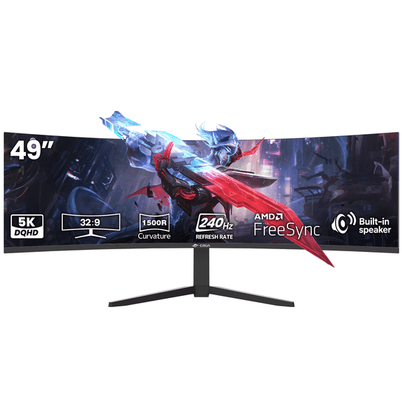 CRUA 49 Inch Ultra-Wide Curved Gaming Monitor | 240Hz | DQHD 5120x1440p | 1500R Curve | AMD FreeSync | Built-in Speakers | Wall Mount Install,Height adjustable | HDMI & DP, Black