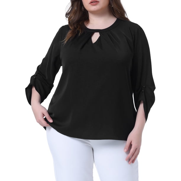 Blusas plisadas de trabajo para mujeres de tallas grandes GRACE & GRANDEUR, con cuello redondo y abertura, mangas 3/4, talla 3X, color negro