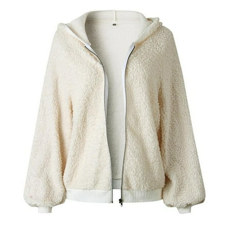 Wool Coat Fur Trim Winter Warm Women Faux Wool Fur Jacket Wild Loose Faux Wool Fur Hooded Jacket Coat Plus Size ( White_S ) ()