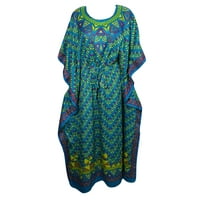 Mogul Womens Green Maxi Caftan Printed Kimono Sleeve Nightwear Beach Cover Up Lounge Wear Nightgown