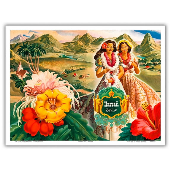 Hawaii USA - Cover for Territory of Hawaii (T.H.) Tourist Bureau Booklet - Vintage Hawaiian Travel Advertisement by Andre c.1942 - Master Art Print (Unframed) 9in x 12in