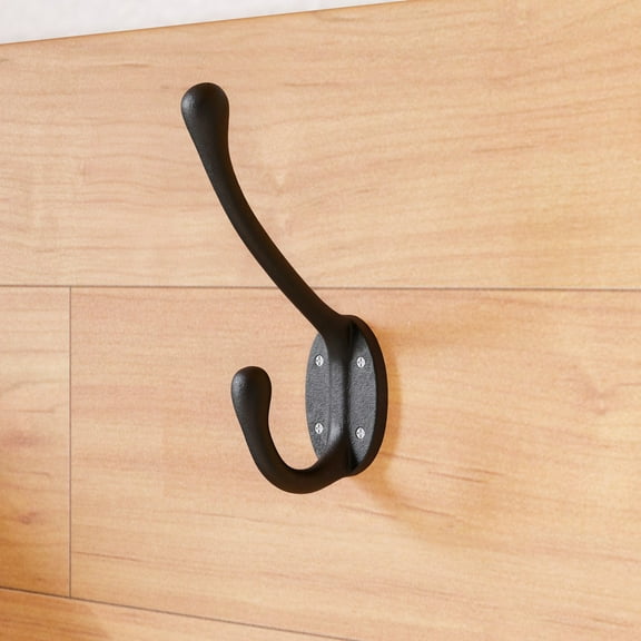 Renovators Supply Black Wrought Iron Robe and Coat Double Hooks 5" L Rustic Entry Way Hat or Jacket Hanger Wall Mount Rust Resistant Bathroom Towel Hooks w/Hardware