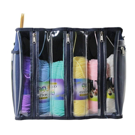 Life Glow Blue Portable 7-Compartment Knitting Bag Yarn Storage Tote for Knitting, Crocheting, Quilting