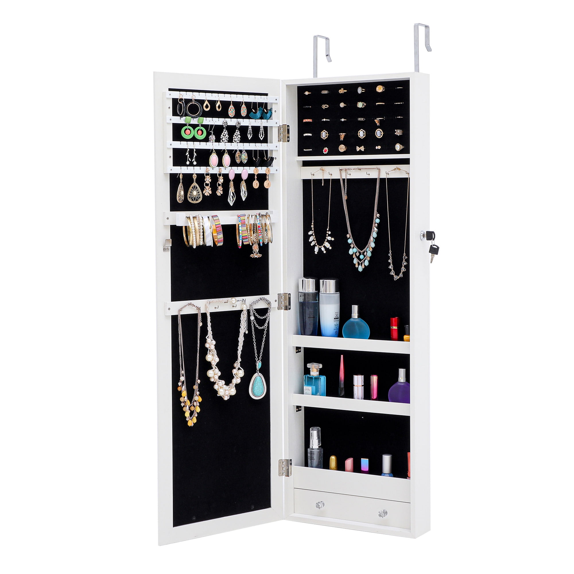 Ezigoo LED Jewellery Cabinet Door Wall Mounted Jewellery Cabinet with Frameless Mirror 