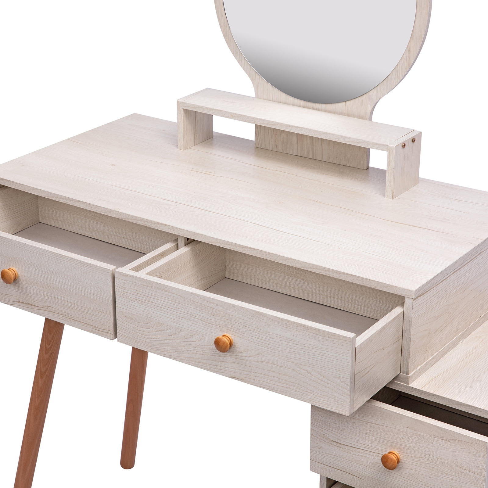 AENKYO Vanity Table Set with Stool, 5-Drawer Makeup Dresser, Modern Beauty Desk for Bedroom, Girls & Women, White Vanity with Stool - White
