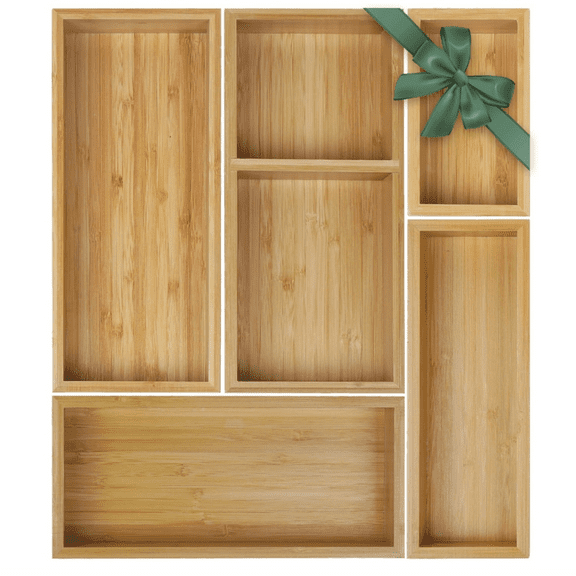 Bamboo Drawer Organizer Set, 5 PCS Multi-Use Individual Wood Storage Organizers, Junk Drawer Divider and Storage Trays Containers for Kitchen, Bathroom, Office Desk, Makeup, Jewelry, Utensils