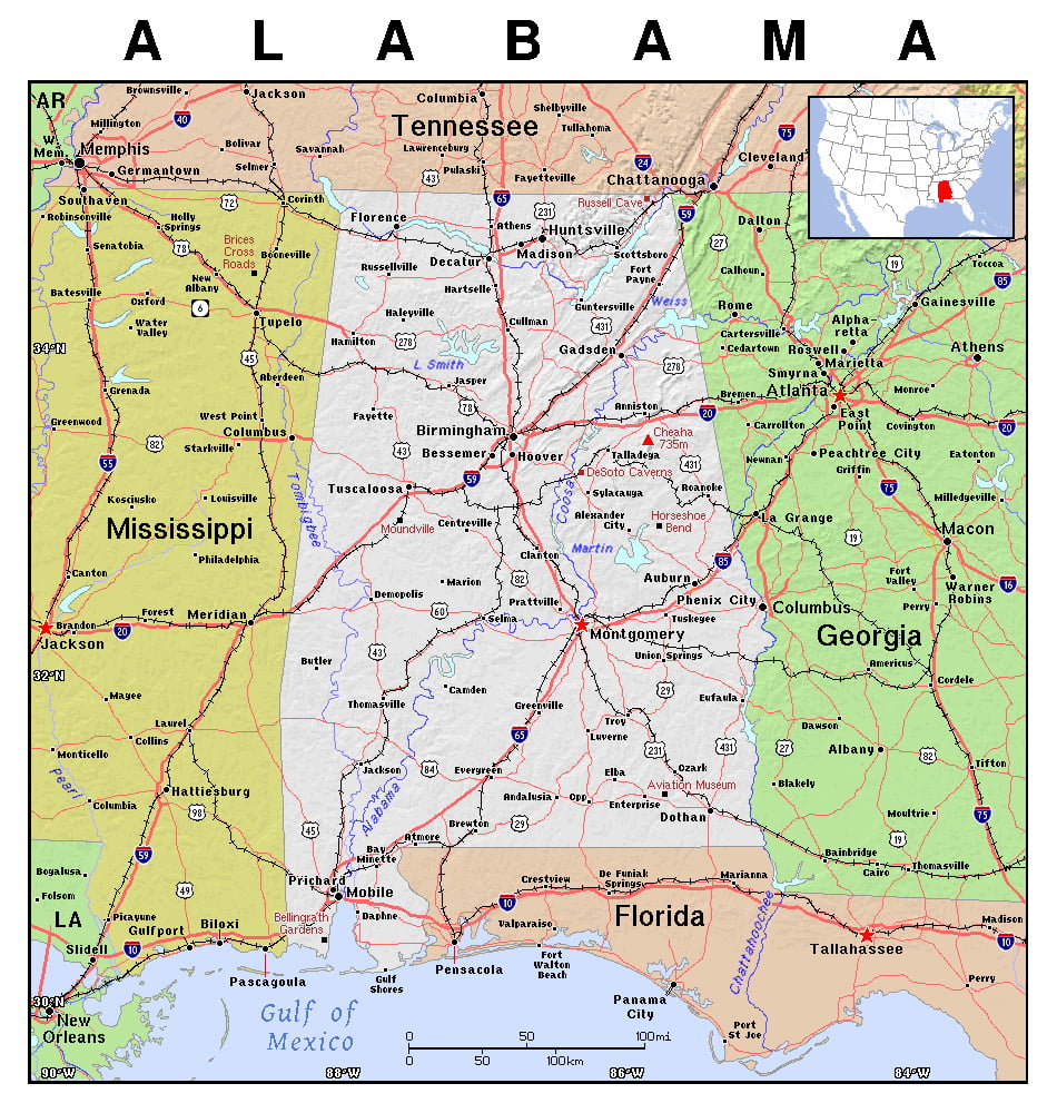 Laminated Map Detailed map of Alabama state with relief Poster 20 x