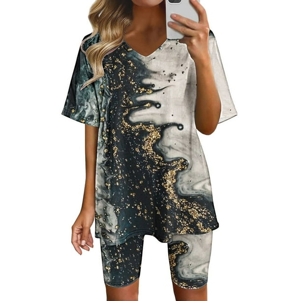 Puntoco Mujer Verano Manga Corta V-Cuello Tops Pantalones Cortos Cómodo Homewear Traje De Dos Piezas Conjuntos Liquidación Puntoco Puntoco-5256