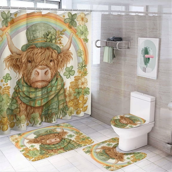 4 Piece Shower Curtain Sets Shower Curtain Set with Non-Slip Rugs Toilet Lid Cover And Bath Mat Funny Highland Cow Waterproof Personality Pattern Bath Curtains Gold Lucky Coins for Bathroom Decor