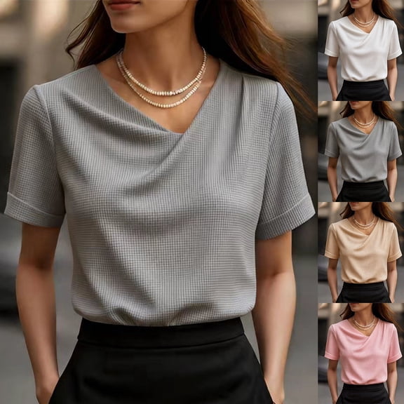 Kelon Womens Summer Tops Short Sleeve Shirts V Neck Business Casual Blouses Dressy Work Tunic Tops, S
