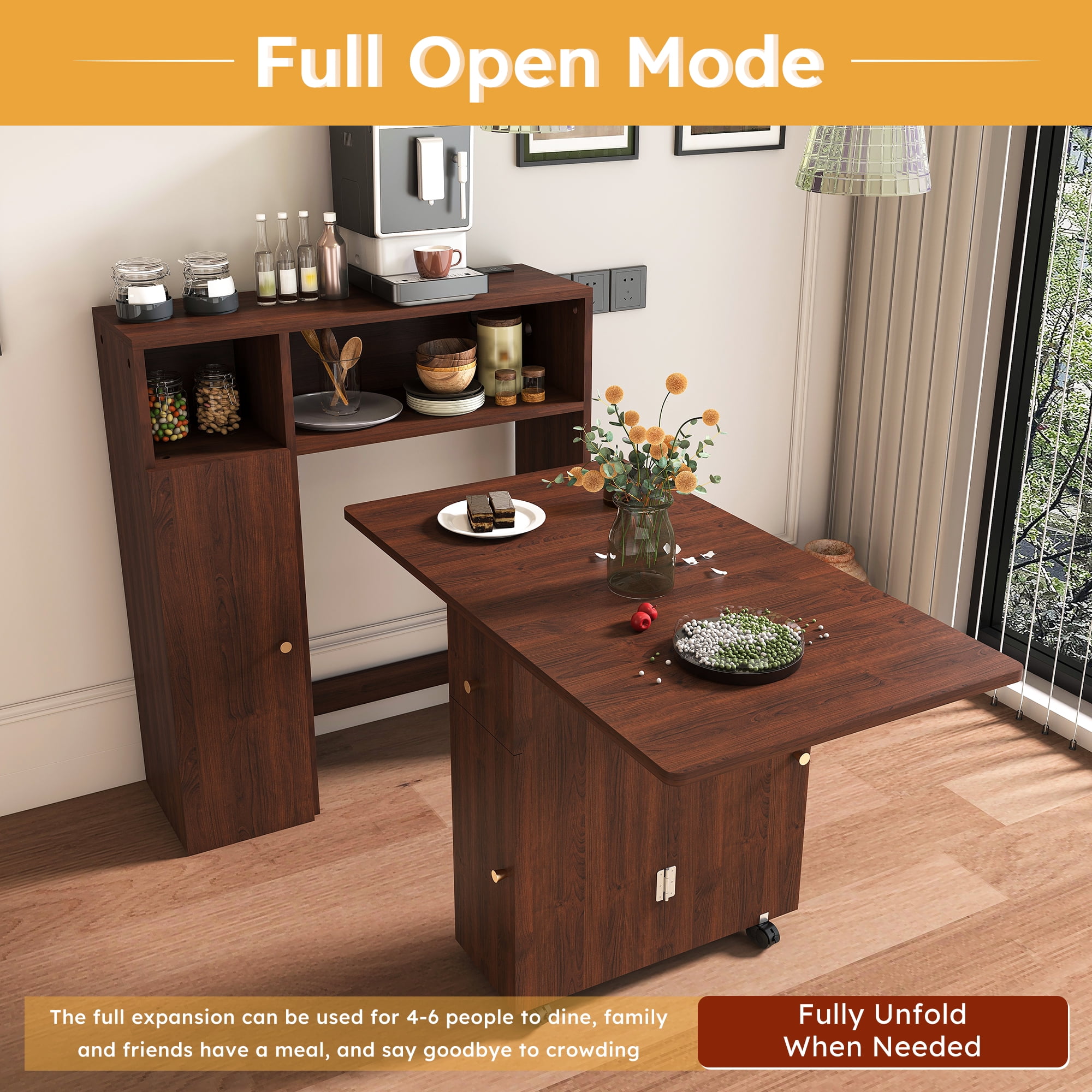 Aukfa Folding Dining Table for 4, Kitchen Extendable Table with Wall-Mounted Sideboard & Power Outlet for Small Apartments,Walnut