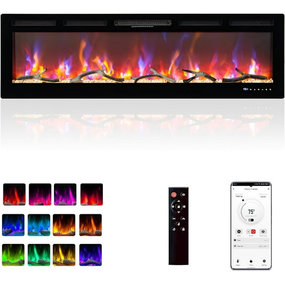 Electric Fireplace, 60 Inch Wall Mounted Fireplace Heater with Adjustable Flame Color, Compatible with WiFi & Remote