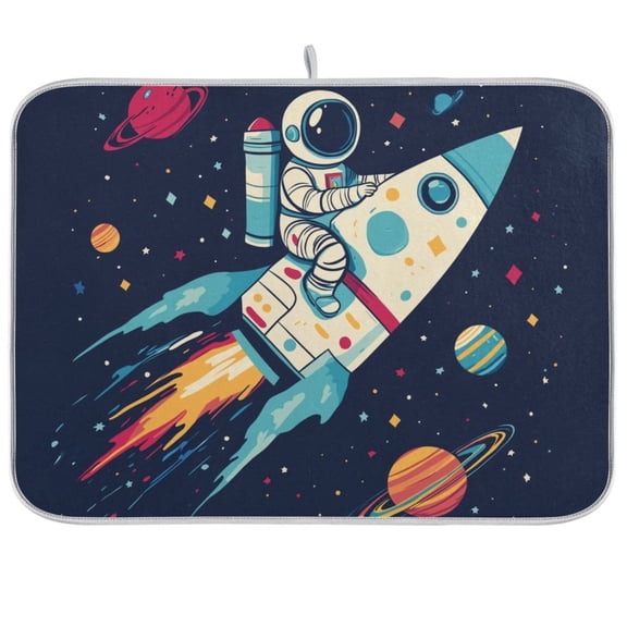 Yayeee Dish Drying Mat for Kitchen Counter Ultra Absorbent Easy Clean Pad 18x16", Rocket Pattern