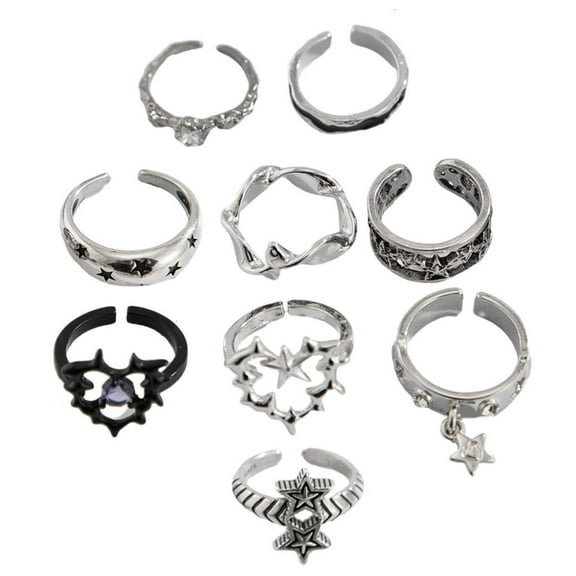 WE-POLUJ 9pcs Silver Gothic Rings Set for Women Men Thorn Punk Grunge Accessories with Skull Heart Snake and Frogs Styles