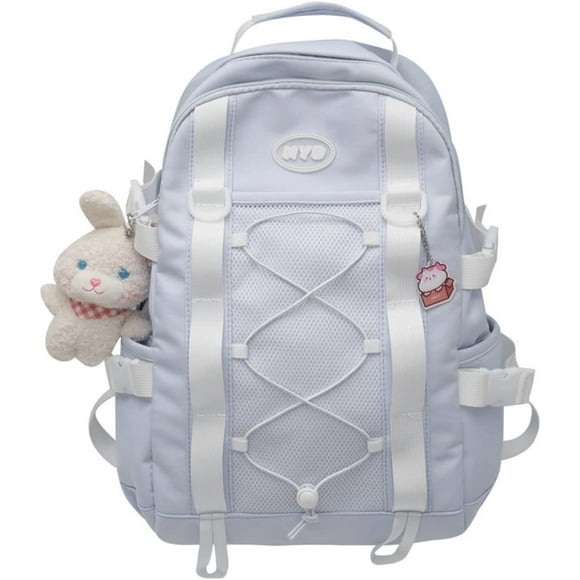 Indie Backpack School Japanese Asthetic Backpack IHeytea S Travel Bag Monochrome Backpack with Cute Pendant (blue+pendant)