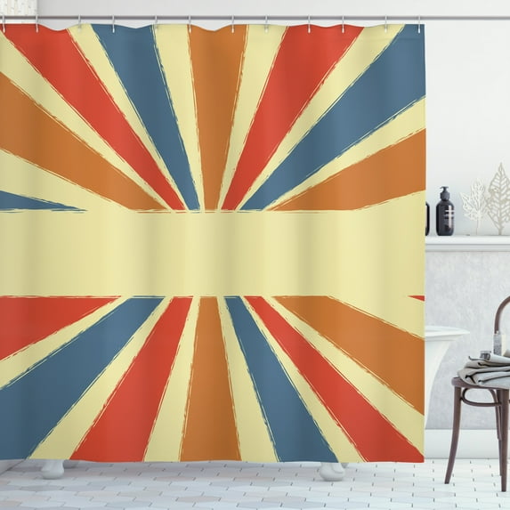 Vintage Rainbow Shower Curtain, Hand Drawn Style Burst of Colorful Sunbeams with Grunge Effect Retro Design, Fabric Bathroom Set with Hooks, 69W X 75L Inches Long, Multicolor, by Ambesonne