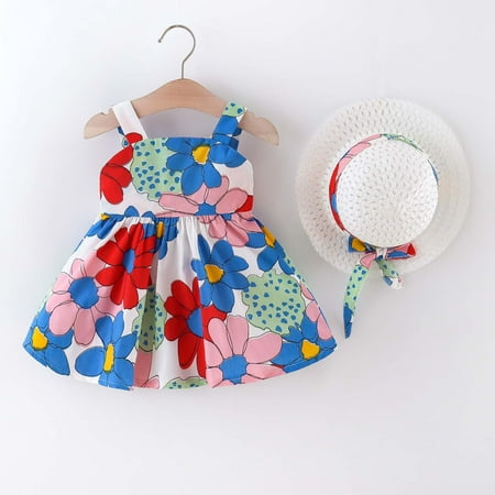 

Hunpta Infant Baby Girls 6M-3Y Sleeveless Bowknot Floral Printed Suspenders Princess Dress Hat Set