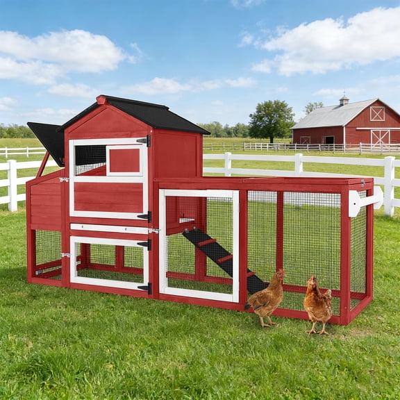 Suumerpety 80" Chicken Coop with Wheels, Hen House Chicken Coops with Leak-Proof Tray, UV-Resistant Roof & Large Nesting Box & Run Cage for Chickens, Rabbits, Ducks (Red)